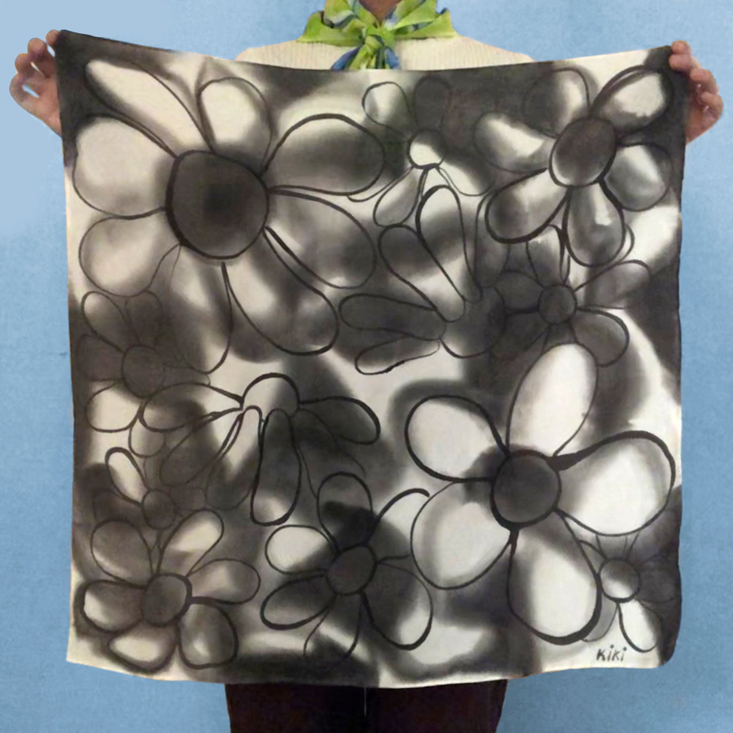 Black and White Flowers Silk Scarf